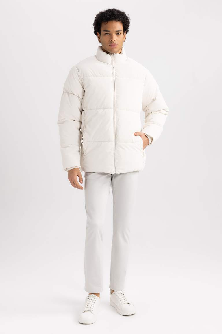 Regular Fit Dik Yaka Astarlı Fermuarlı Cepli Şişme Mont