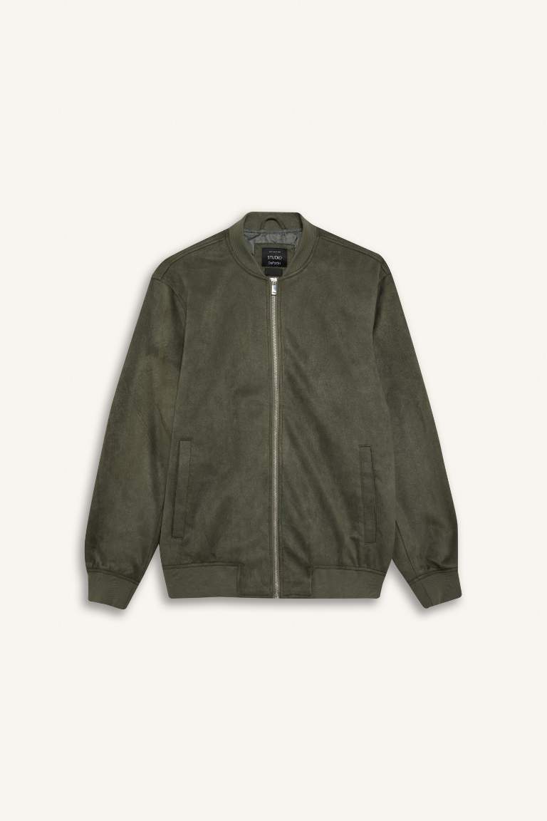 Slim Fit Dar Kesim Süet Kolej Yaka Fermuarlı Çift Cepli Mevsimlik Baharlık Bomber Mont Ceket