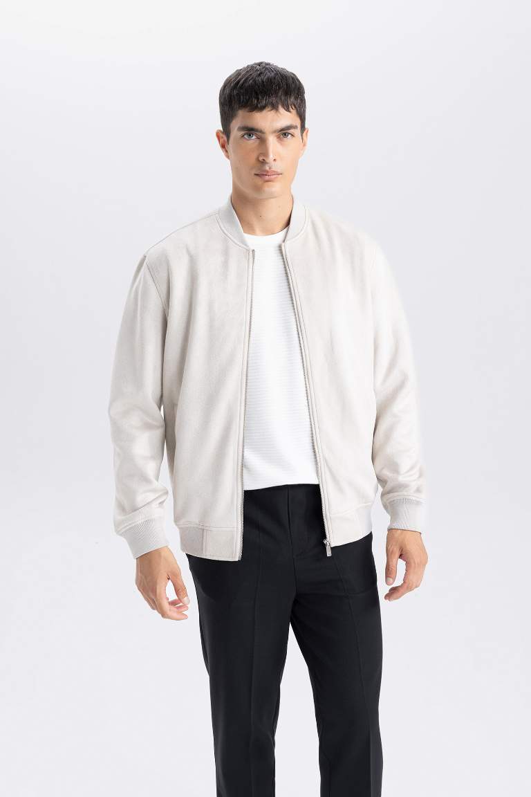 Slim Fit College Collar Zippered Suede Bomber Jacket