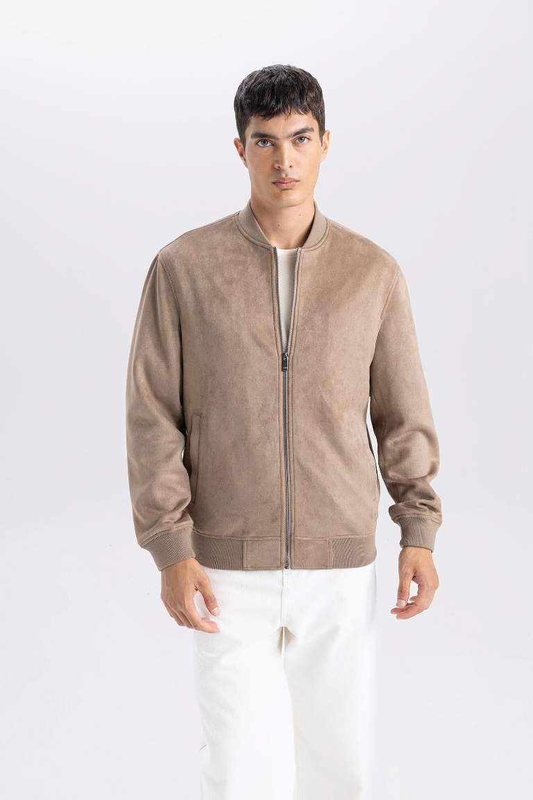 Slim Fit College Collar Zippered Suede Bomber Jacket