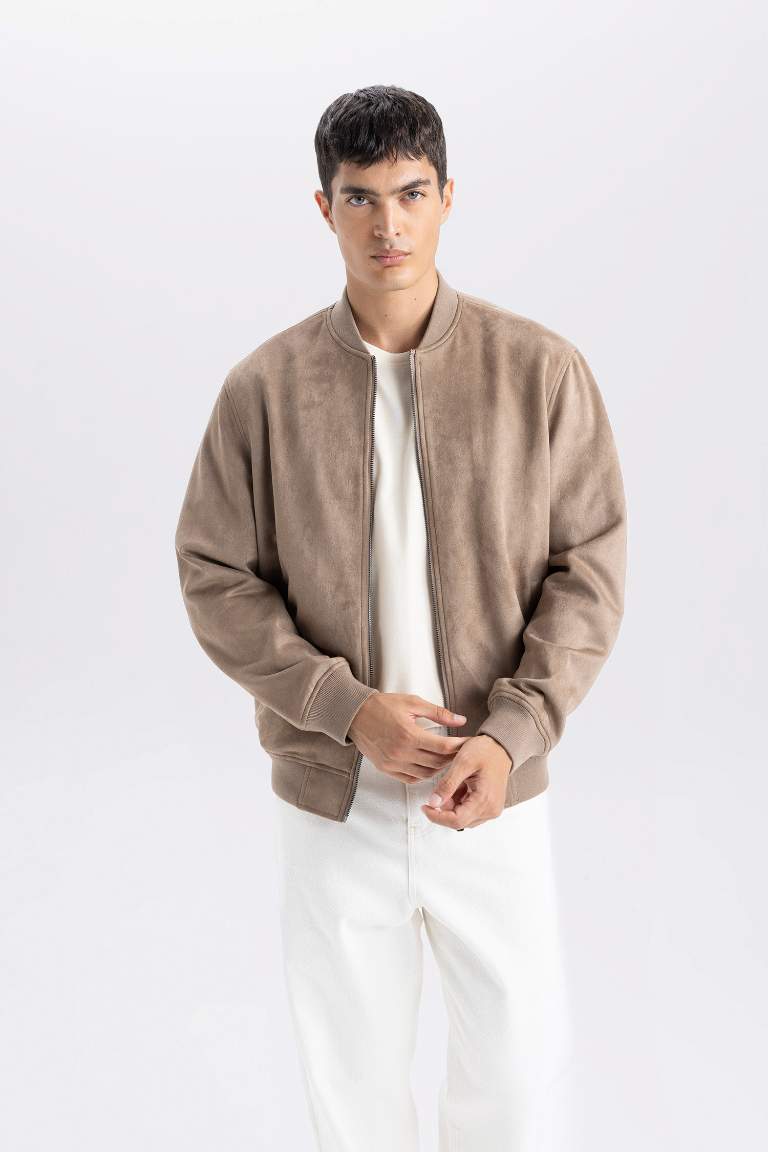 Slim Fit College Collar Zippered Suede Bomber Jacket