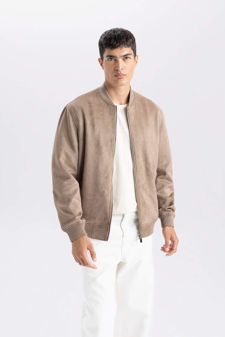 Slim Fit College Collar Zippered Suede Bomber Jacket