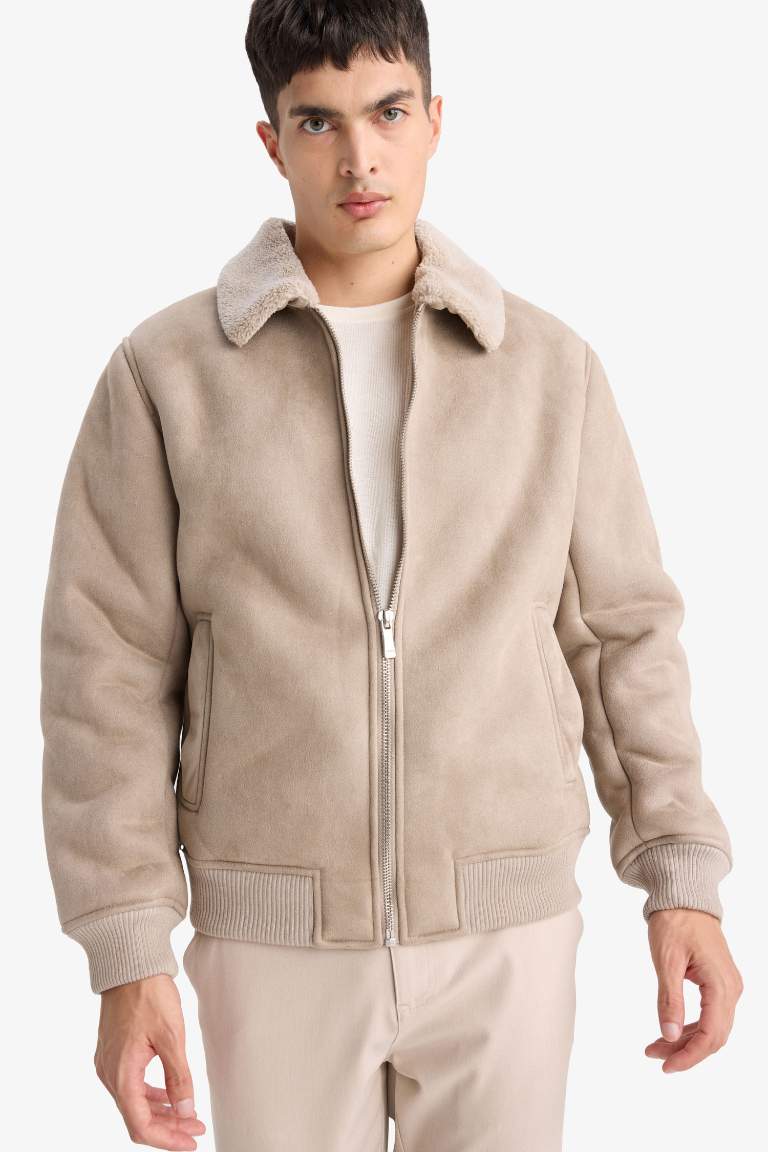 Slim Fit Lined Suede Polo Collar Pockets Puffer Jacket