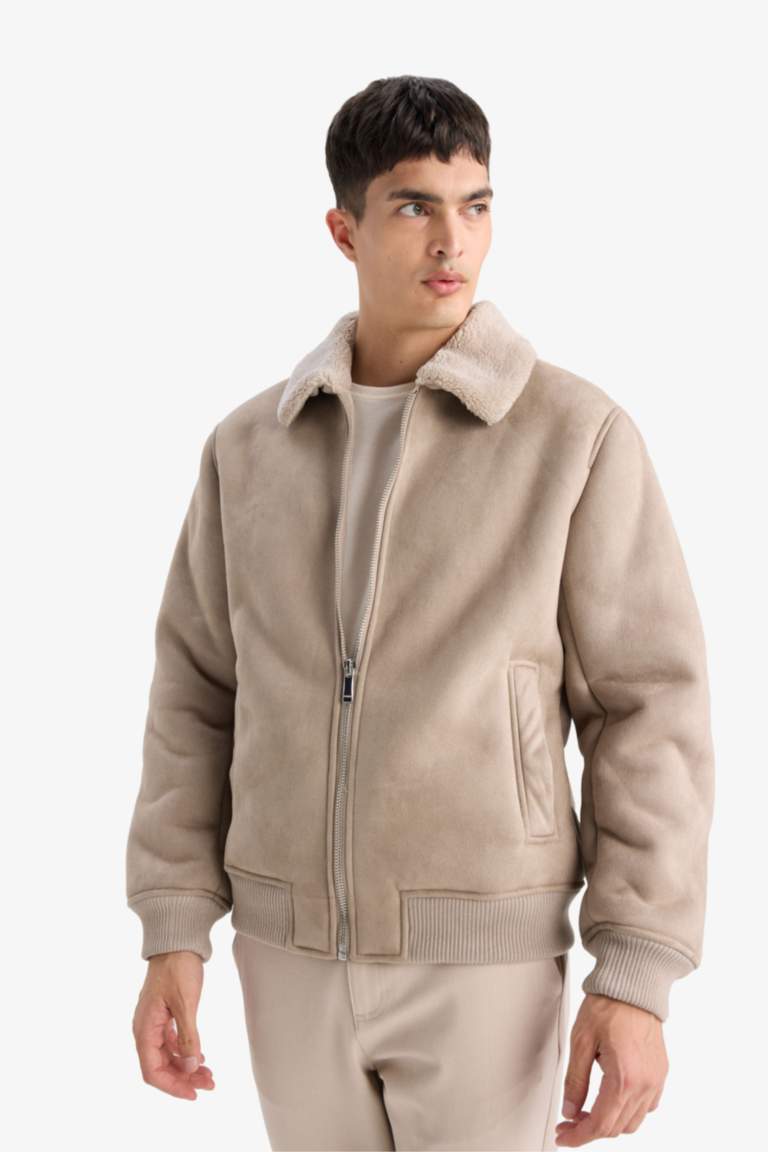 Slim Fit Lined Suede Polo Collar Pockets Puffer Jacket