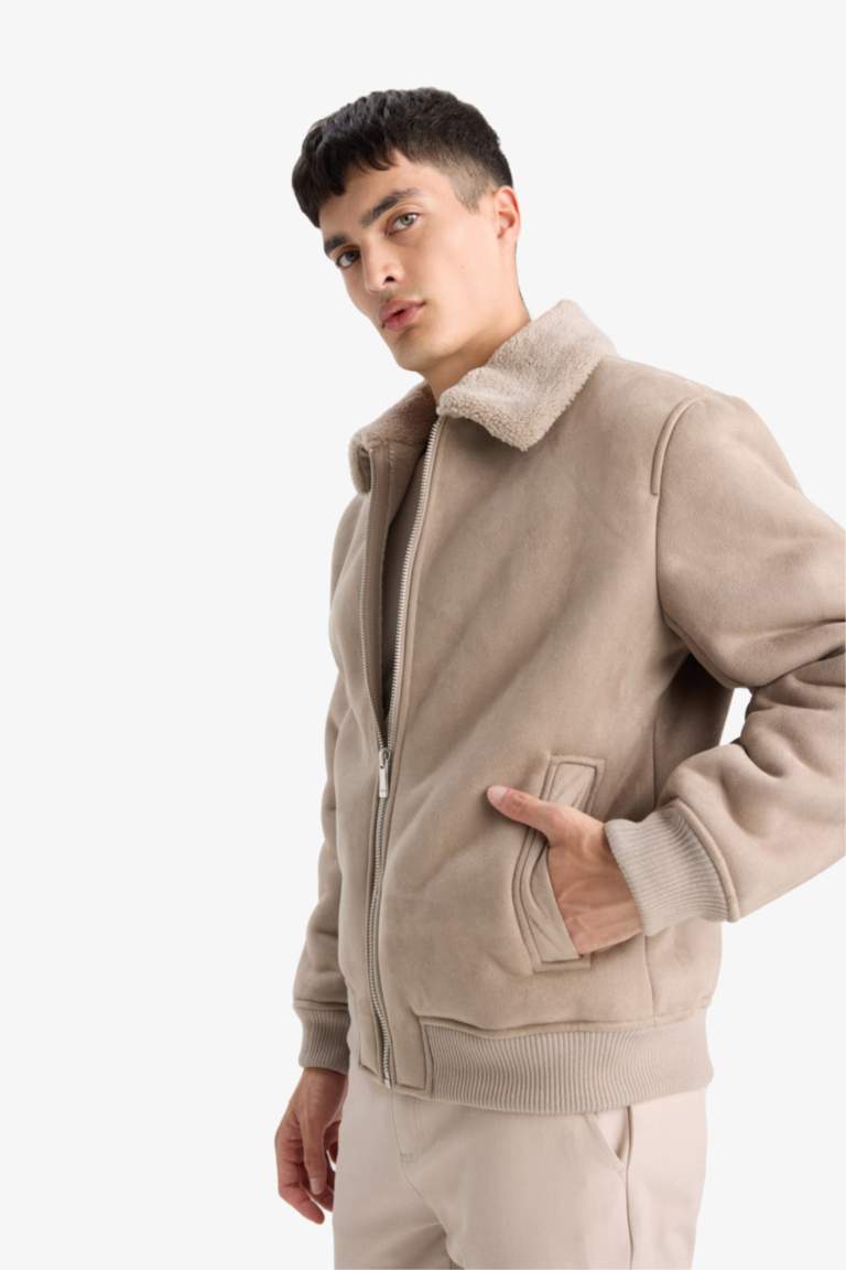 Slim Fit Lined Suede Polo Collar Pockets Puffer Jacket