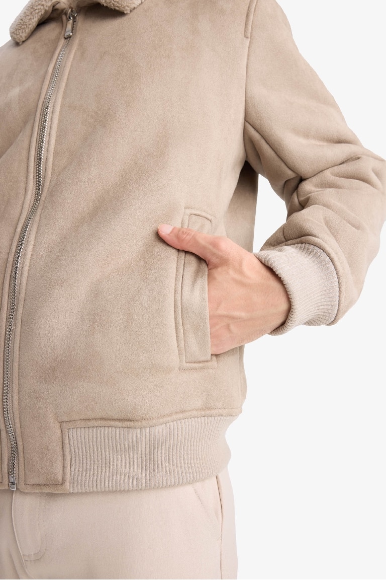 Slim Fit Lined Suede Polo Collar Pockets Puffer Jacket