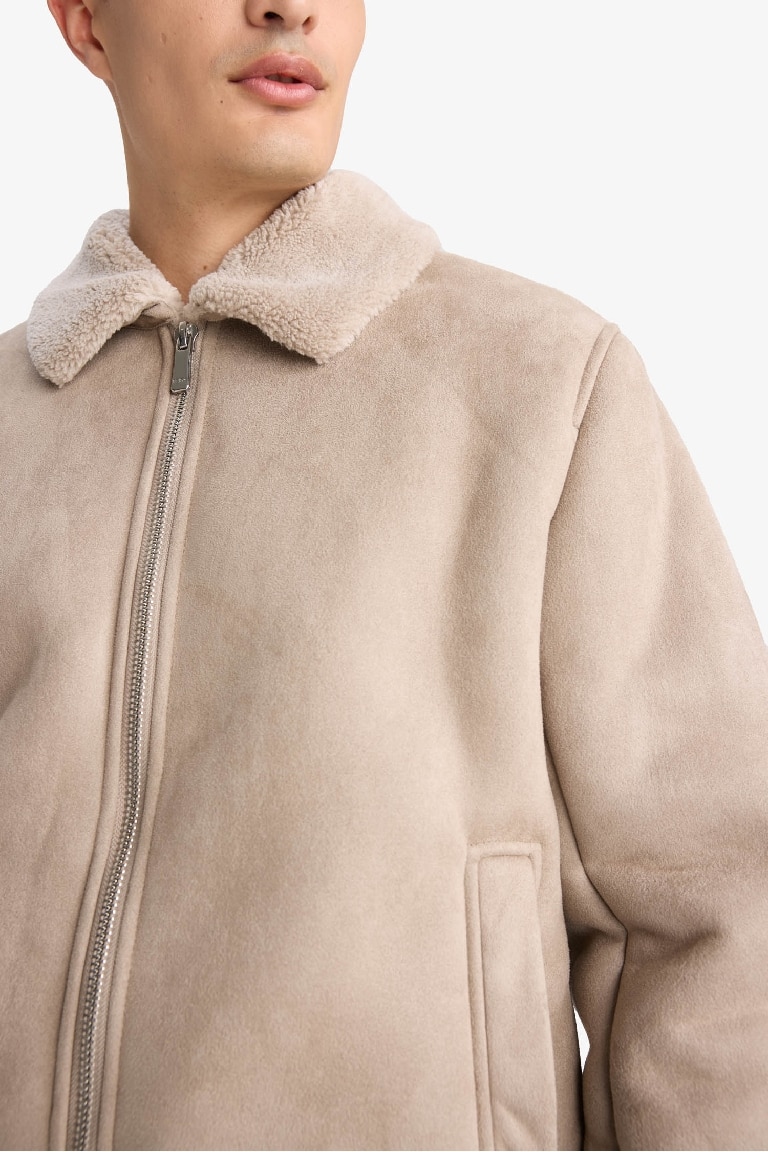 Slim Fit Lined Suede Polo Collar Pockets Puffer Jacket
