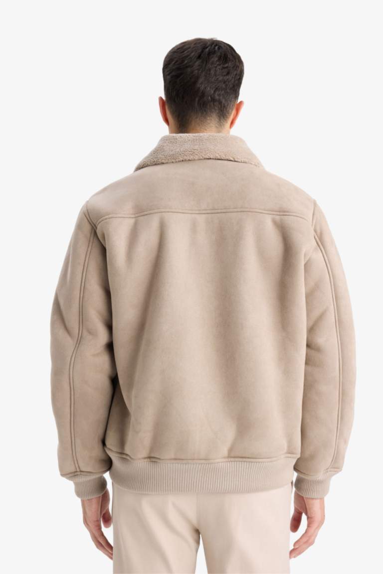 Slim Fit Lined Suede Polo Collar Pockets Puffer Jacket