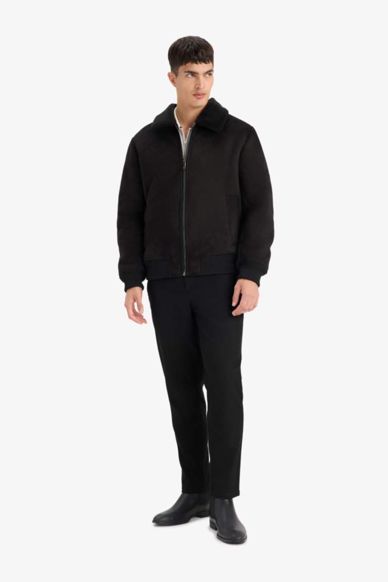 Slim Fit Lined Suede Polo Collar Pockets Zipper Puffer Jacket