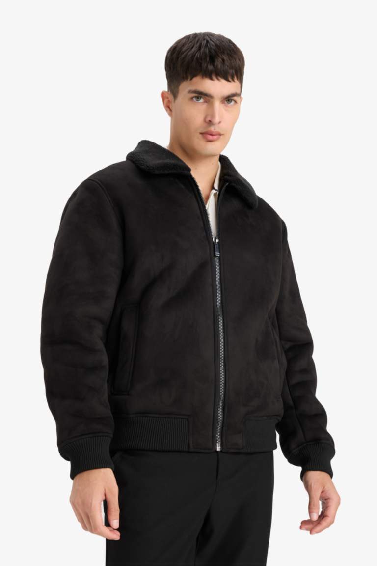 Slim Fit Lined Suede Polo Collar Pockets Zipper Puffer Jacket