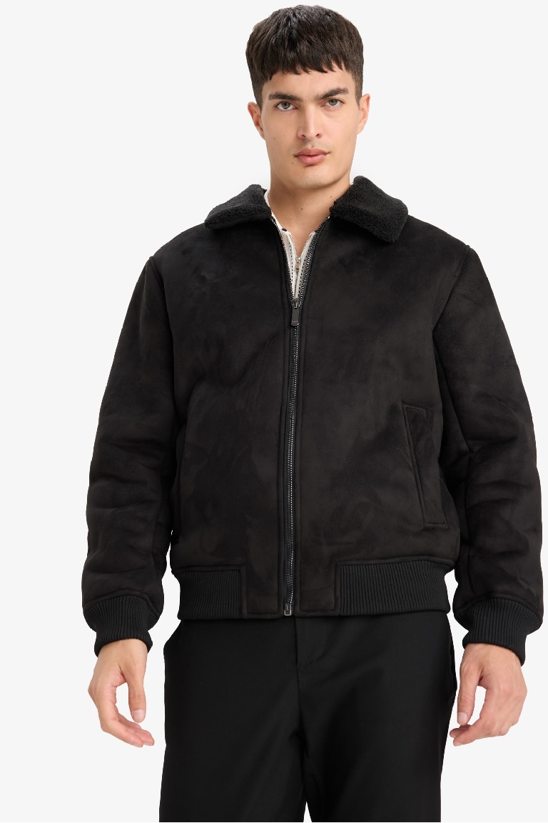 Slim Fit Lined Suede Polo Collar Pockets Zipper Puffer Jacket