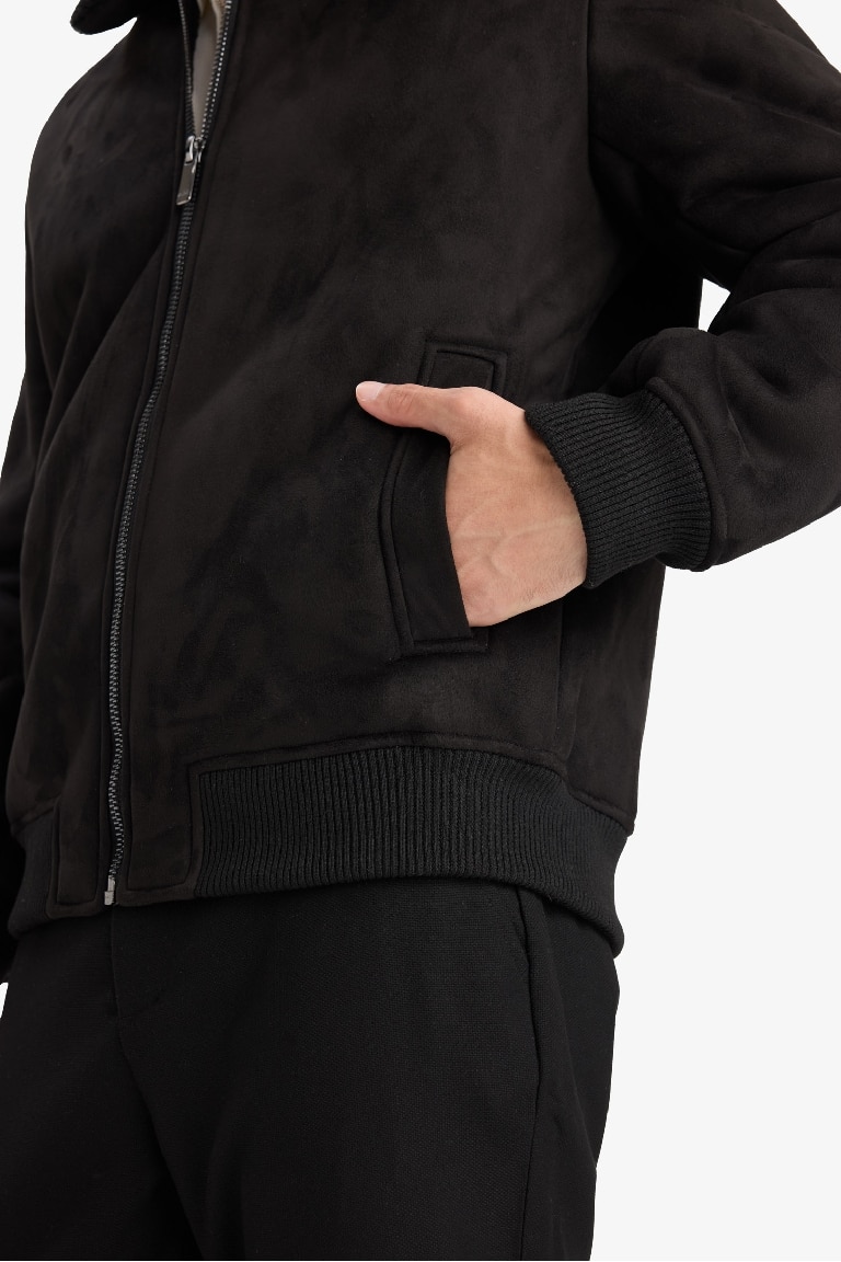 Slim Fit Lined Suede Polo Collar Pockets Zipper Puffer Jacket