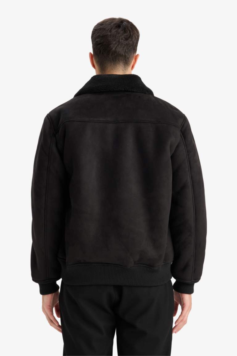 Slim Fit Lined Suede Polo Collar Pockets Zipper Puffer Jacket