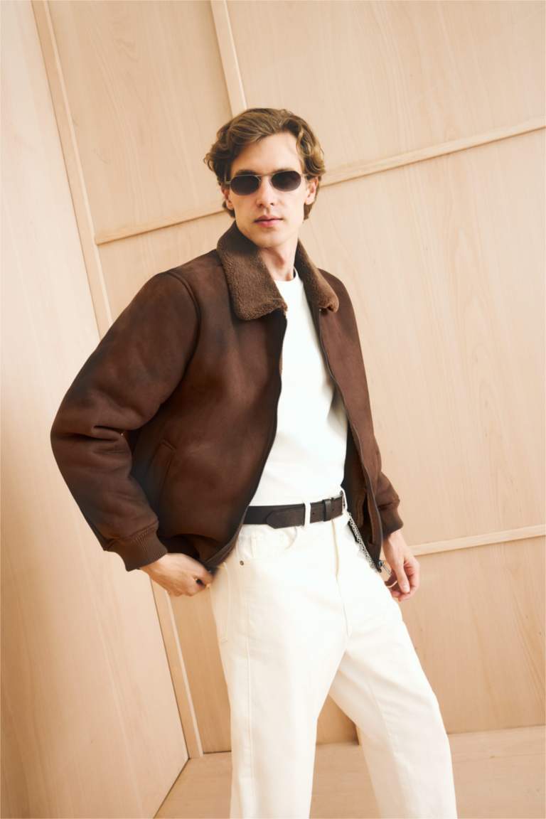 Slim Fit Lined Suede Polo Collar Pockets Puffer Jacket