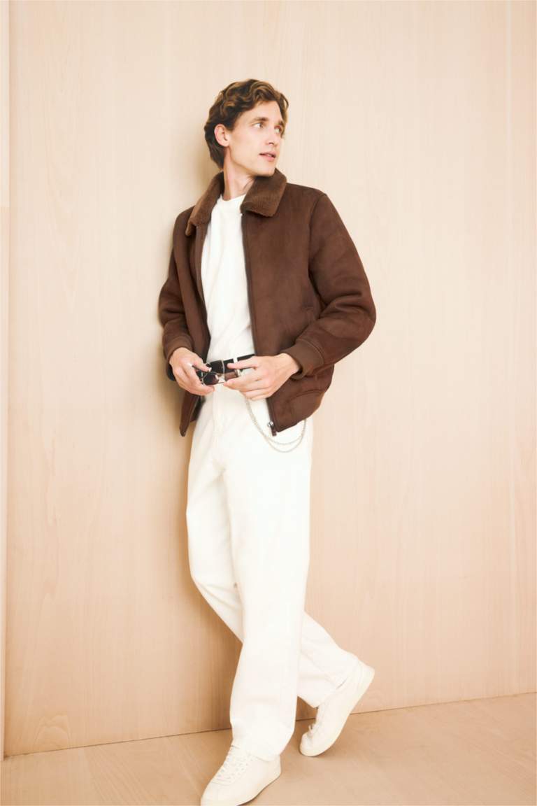 Slim Fit Lined Suede Polo Collar Pockets Puffer Jacket