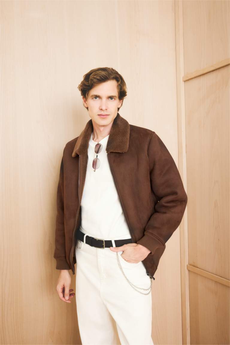 Slim Fit Lined Suede Polo Collar Pockets Puffer Jacket