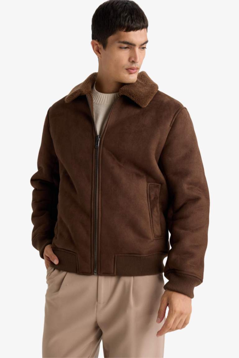 Slim Fit Lined Suede Polo Collar Pockets Puffer Jacket
