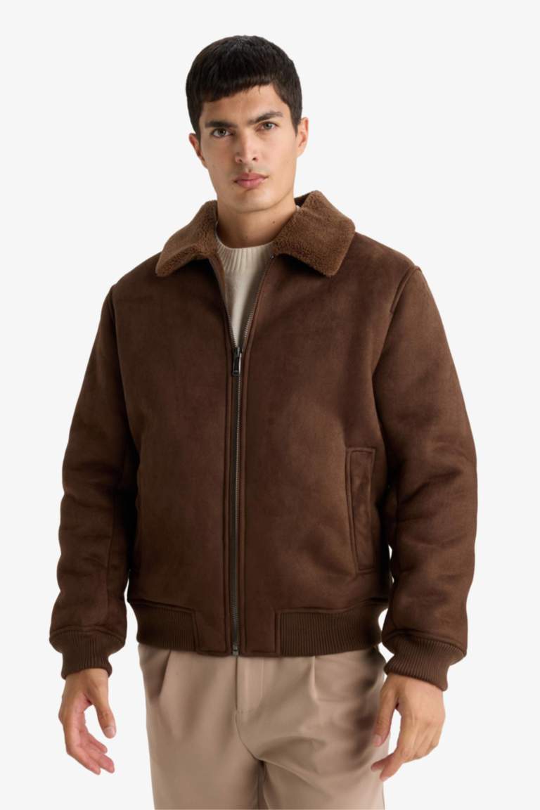 Slim Fit Lined Suede Polo Collar Pockets Puffer Jacket