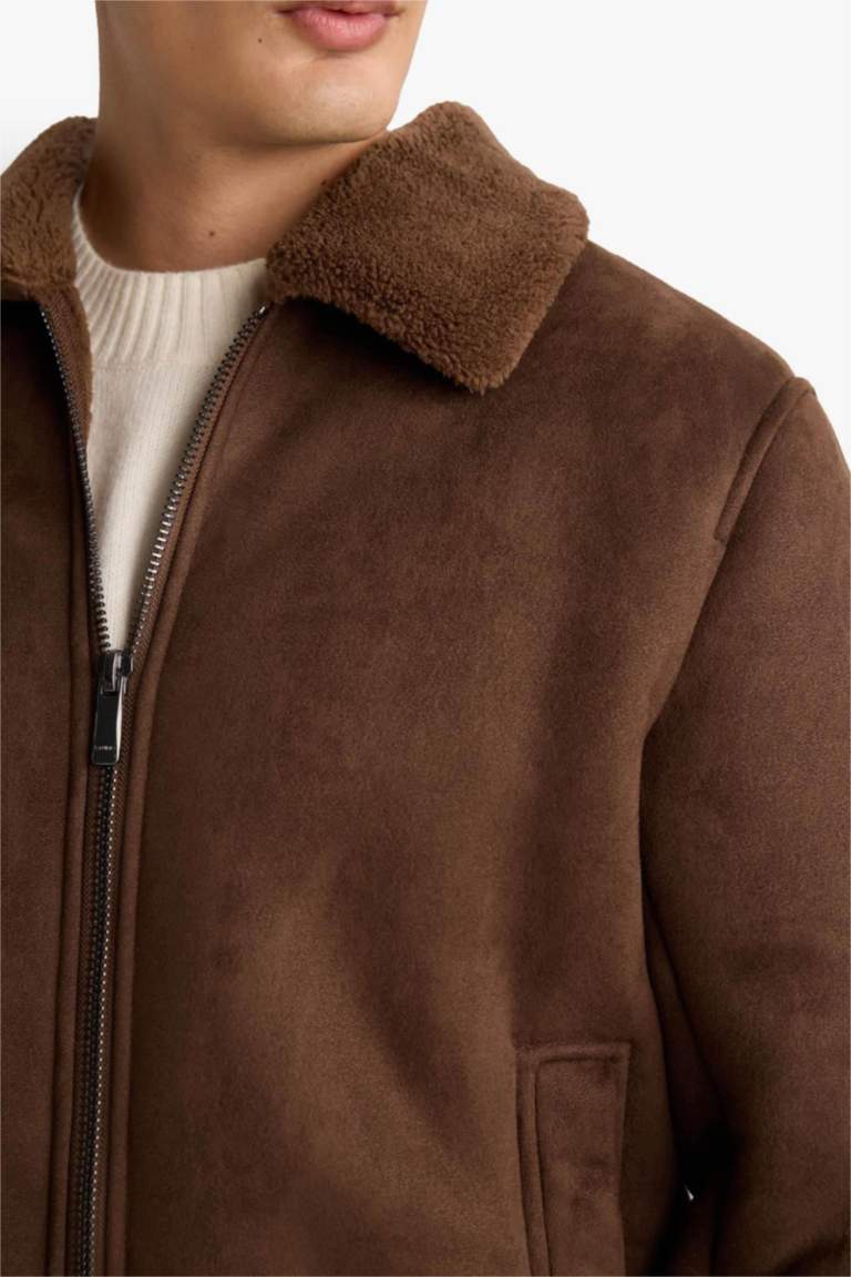 Slim Fit Lined Suede Polo Collar Pockets Puffer Jacket