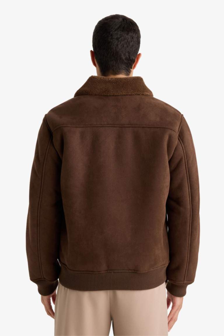 Slim Fit Lined Suede Polo Collar Pockets Puffer Jacket