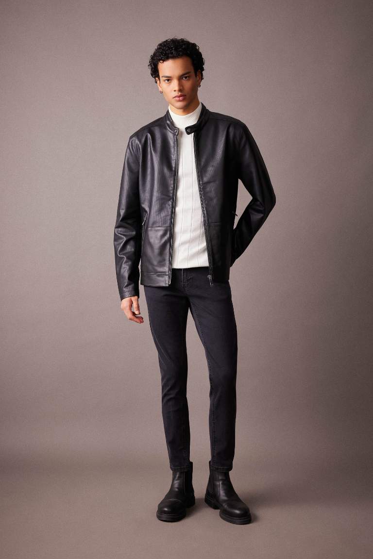 Slim Fit Dik Yaka Fermuarlı Cepli Mevsimlik Deri Mont Ceket