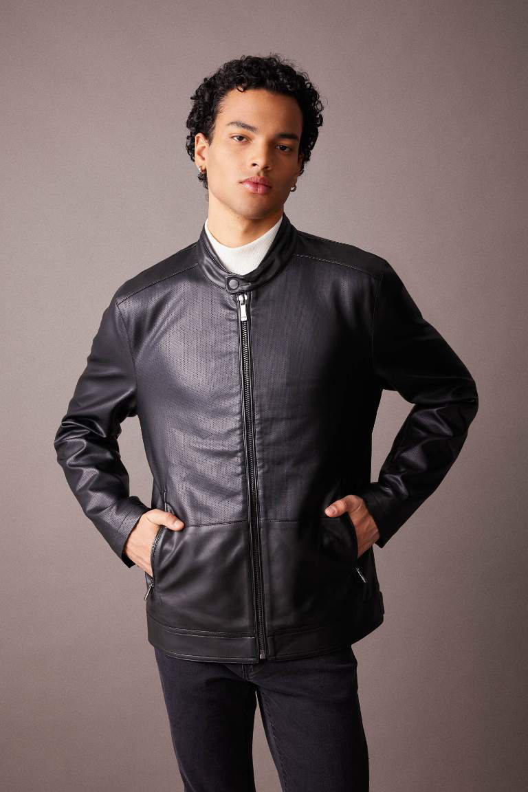 Slim Fit Dik Yaka Fermuarlı Cepli Mevsimlik Deri Mont Ceket