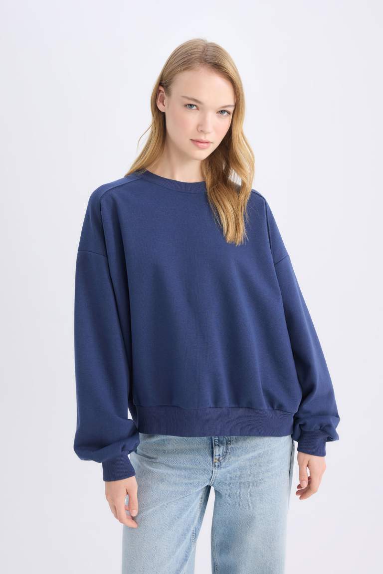 Coool Oversize Geniş Kalıp Bisiklet Yaka Kalın Basic Düz Sweatshirt