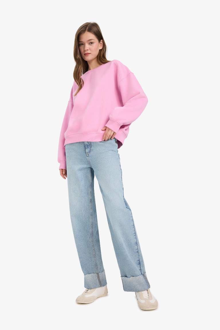 Coool Oversize Geniş Kalıp Bisiklet Yaka Kalın Basic Düz Sweatshirt