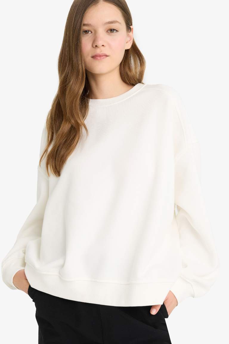 Coool Oversize Geniş Kalıp Bisiklet Yaka Kalın Basic Düz Sweatshirt