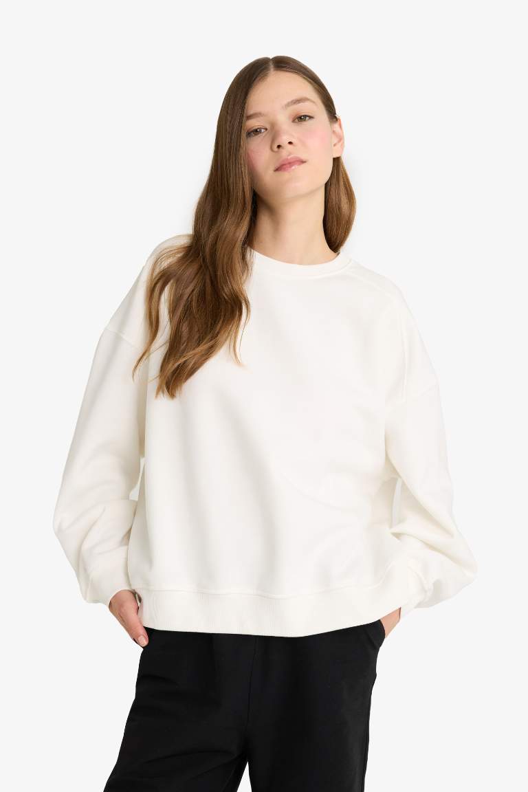 Coool Oversize Geniş Kalıp Bisiklet Yaka Kalın Basic Düz Sweatshirt