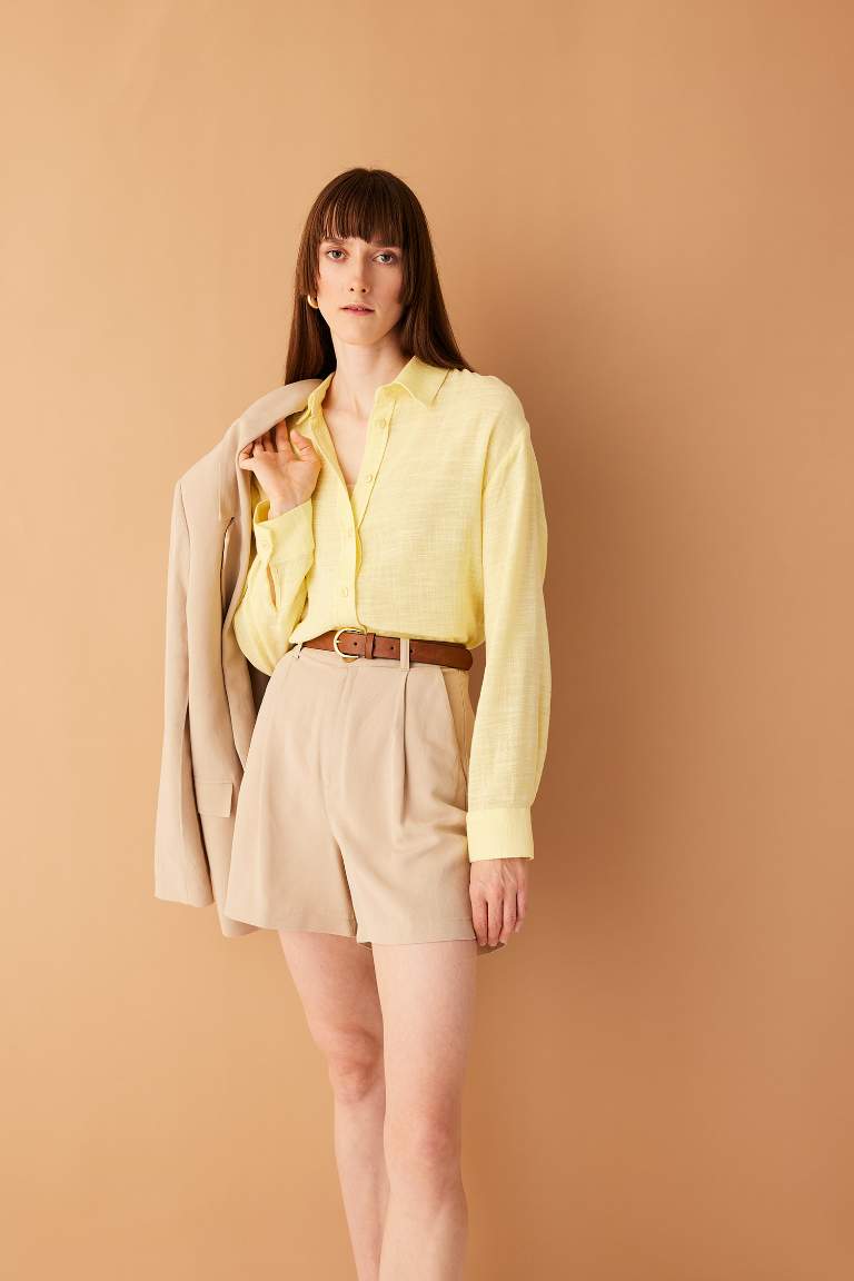 Oversize Fit Keten Görünümlü Uzun Kollu Gömlek