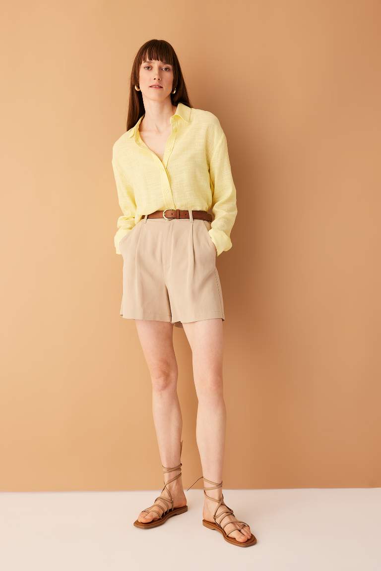 Oversize Fit Keten Görünümlü Uzun Kollu Gömlek