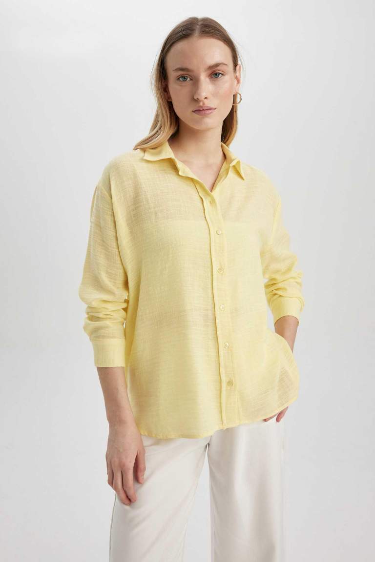 Oversize Fit Keten Görünümlü Uzun Kollu Gömlek