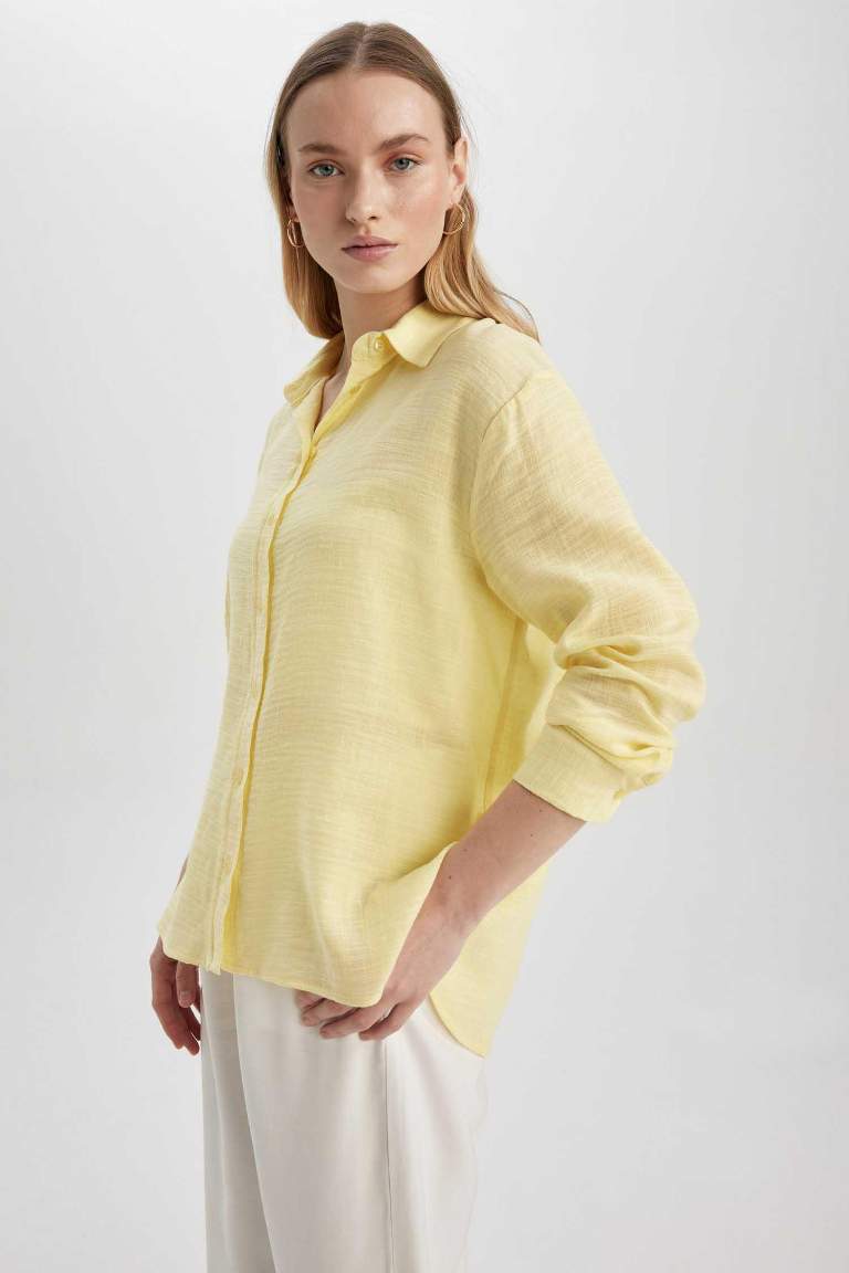 Oversize Fit Keten Görünümlü Uzun Kollu Gömlek