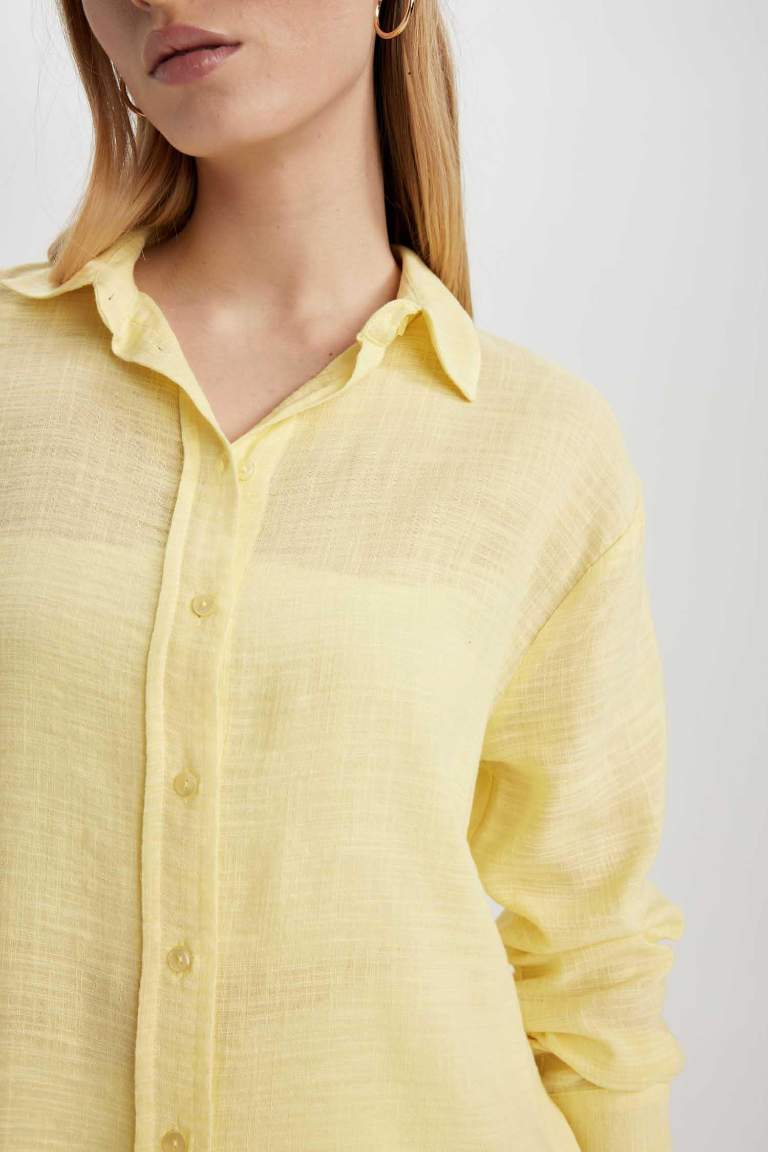 Oversize Fit Keten Görünümlü Uzun Kollu Gömlek
