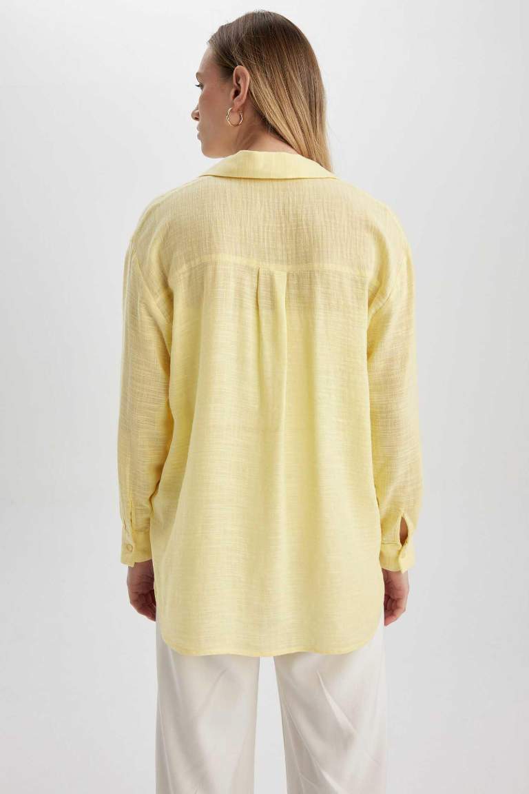Oversize Fit Keten Görünümlü Uzun Kollu Gömlek