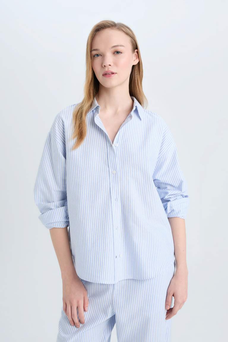 Oversize Fit Shirt Collar Oxford Striped Long Sleeve Shirt