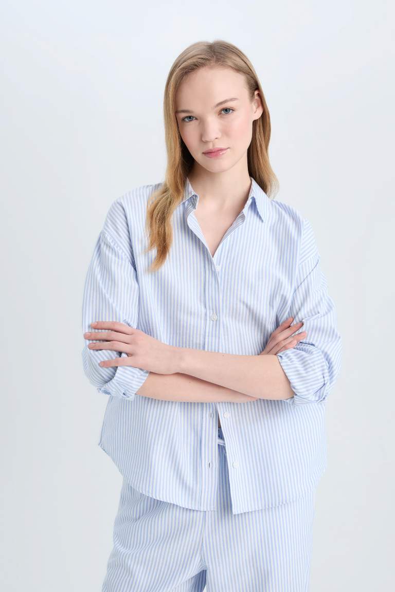 Oversize Fit Shirt Collar Oxford Striped Long Sleeve Shirt