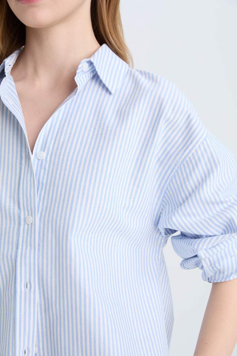 Oversize Fit Shirt Collar Oxford Striped Long Sleeve Shirt