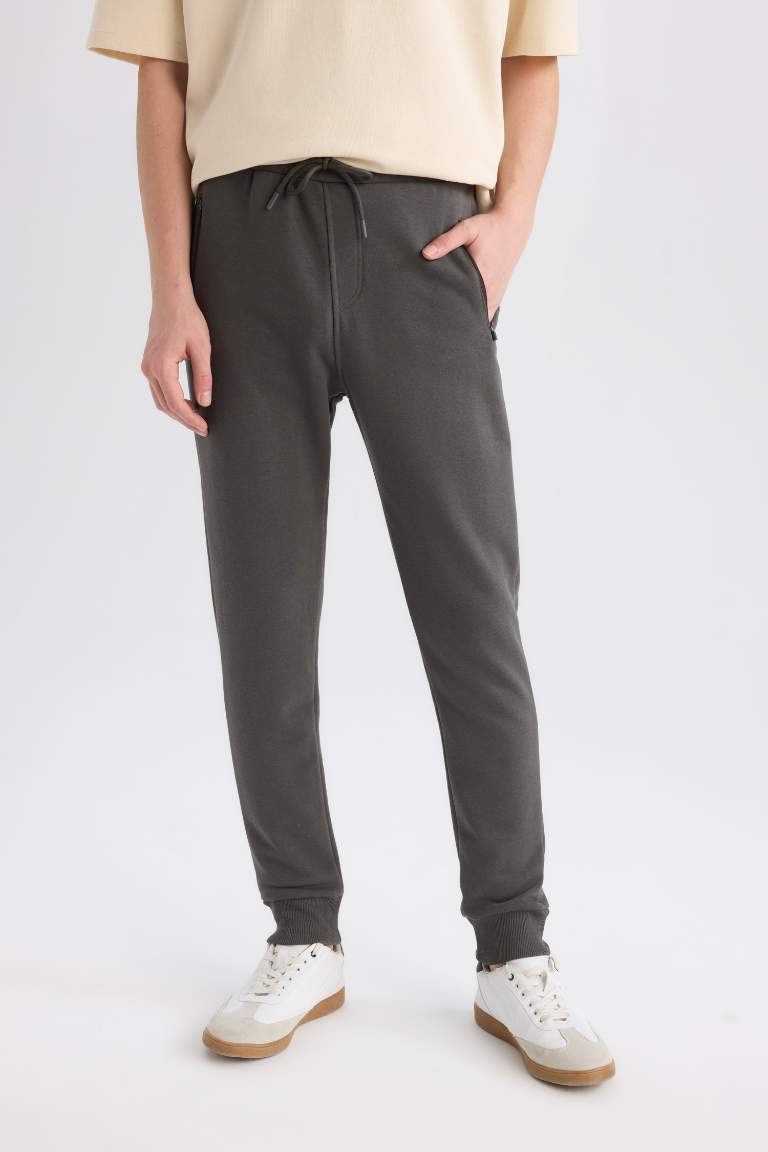 Slim Fit Rib Hem Zipper Pocket Sweatpants