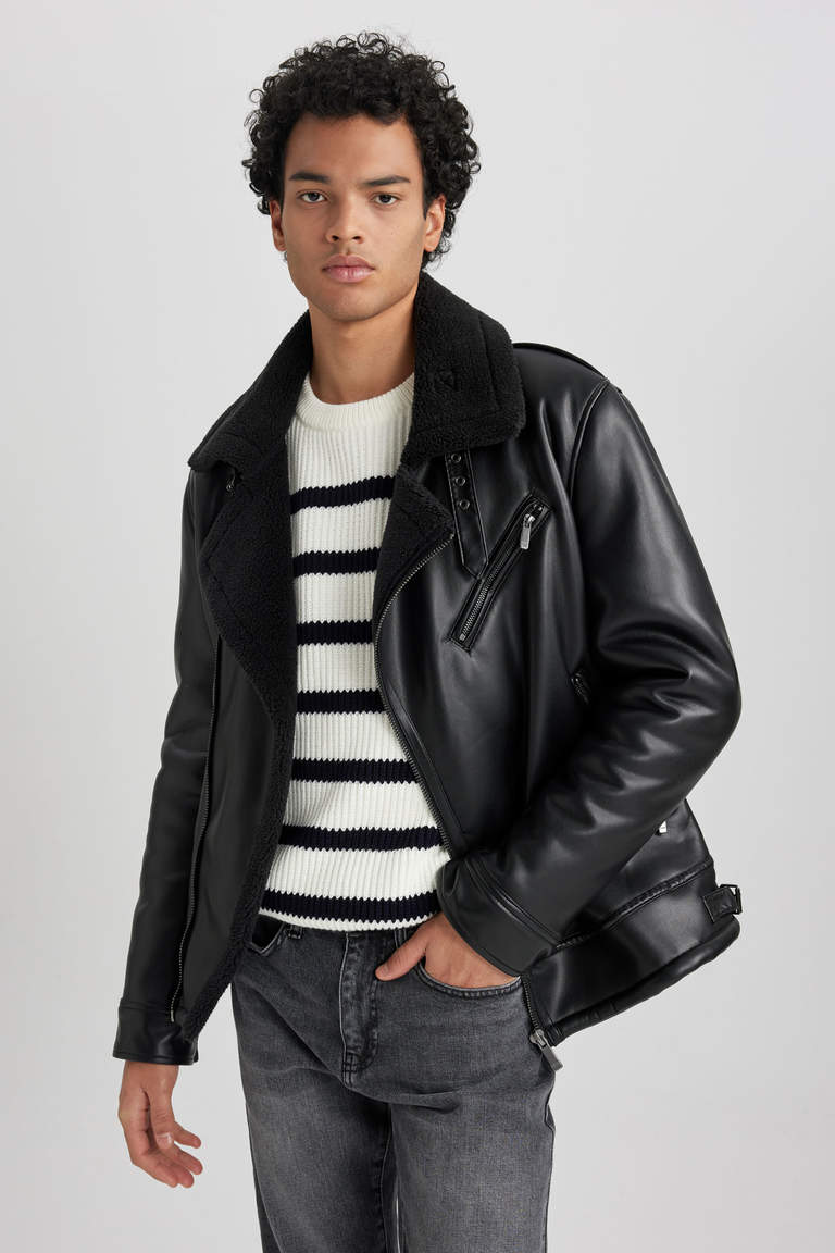 Black MAN Slim Fit Lined Faux Leather Jacket 2800853 | DeFacto