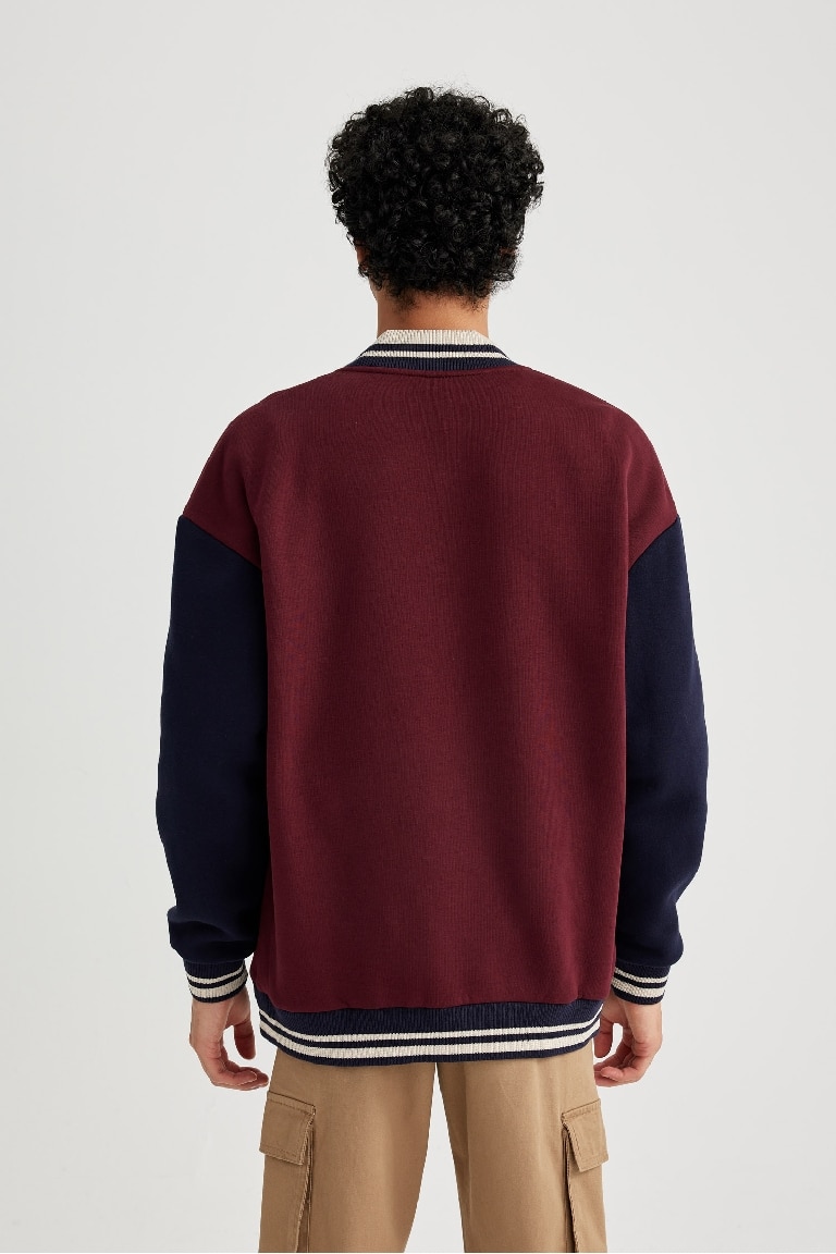 Oversize Fit Kolej Yaka Baskılı Çıtçıt Kapamalı Çift Cepli Mevsimlik İçi Yumuşak Tüylü Bomber Hırka