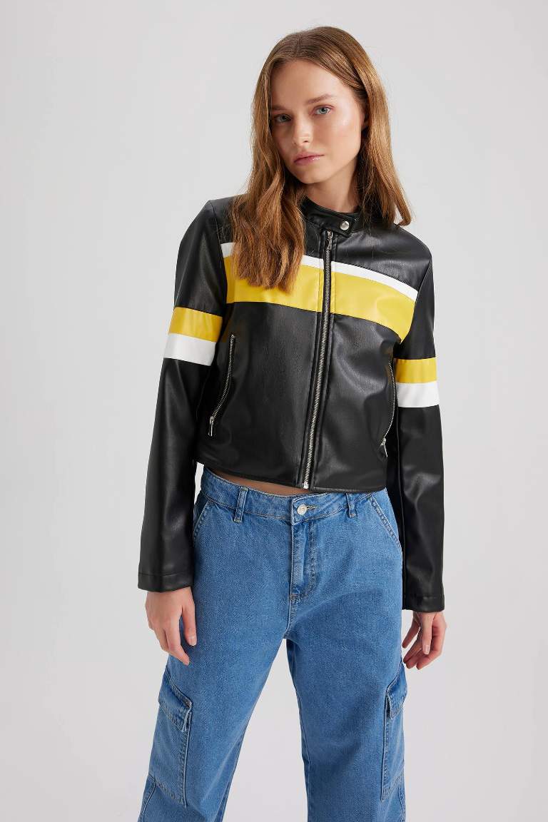 Su İtici Suni Deri Crop Mont