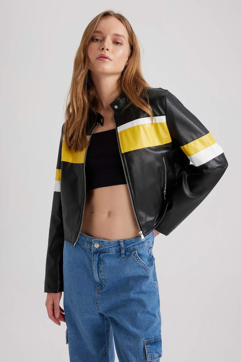 Su İtici Suni Deri Crop Mont