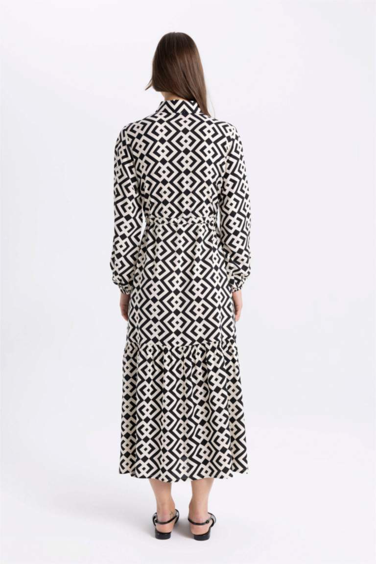 فستان كم طويل مطبوع من فيسكوز برقبة قميص