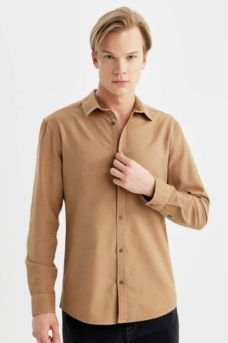 Slim Fit Polo Collar Cotton Long Sleeve Shirt