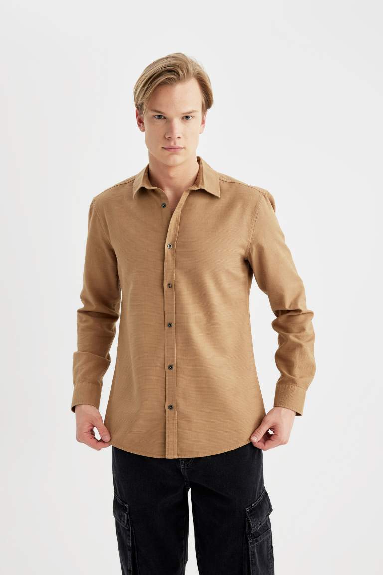 Slim Fit Polo Collar Cotton Long Sleeve Shirt