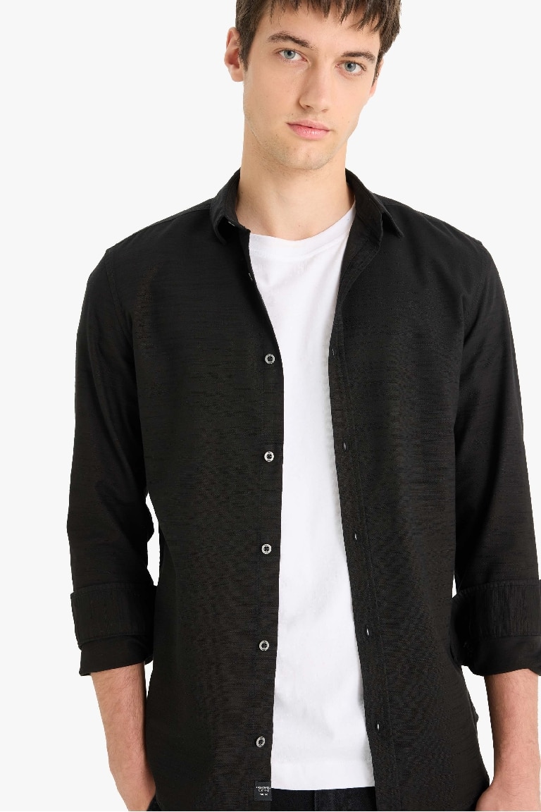 Slim Fit Dar Kesim Pamuklu Basic Düz Uzun Kollu Siyah Gömlek