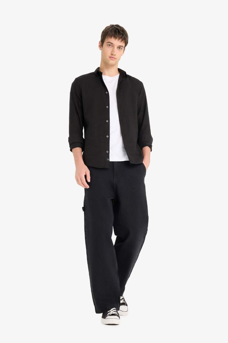 Slim Fit Dar Kesim Pamuklu Basic Düz Uzun Kollu Siyah Gömlek