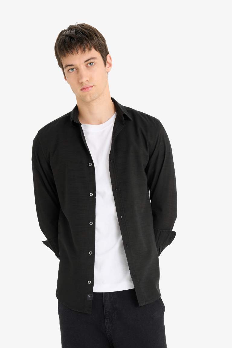 Slim Fit Dar Kesim Pamuklu Basic Düz Uzun Kollu Siyah Gömlek